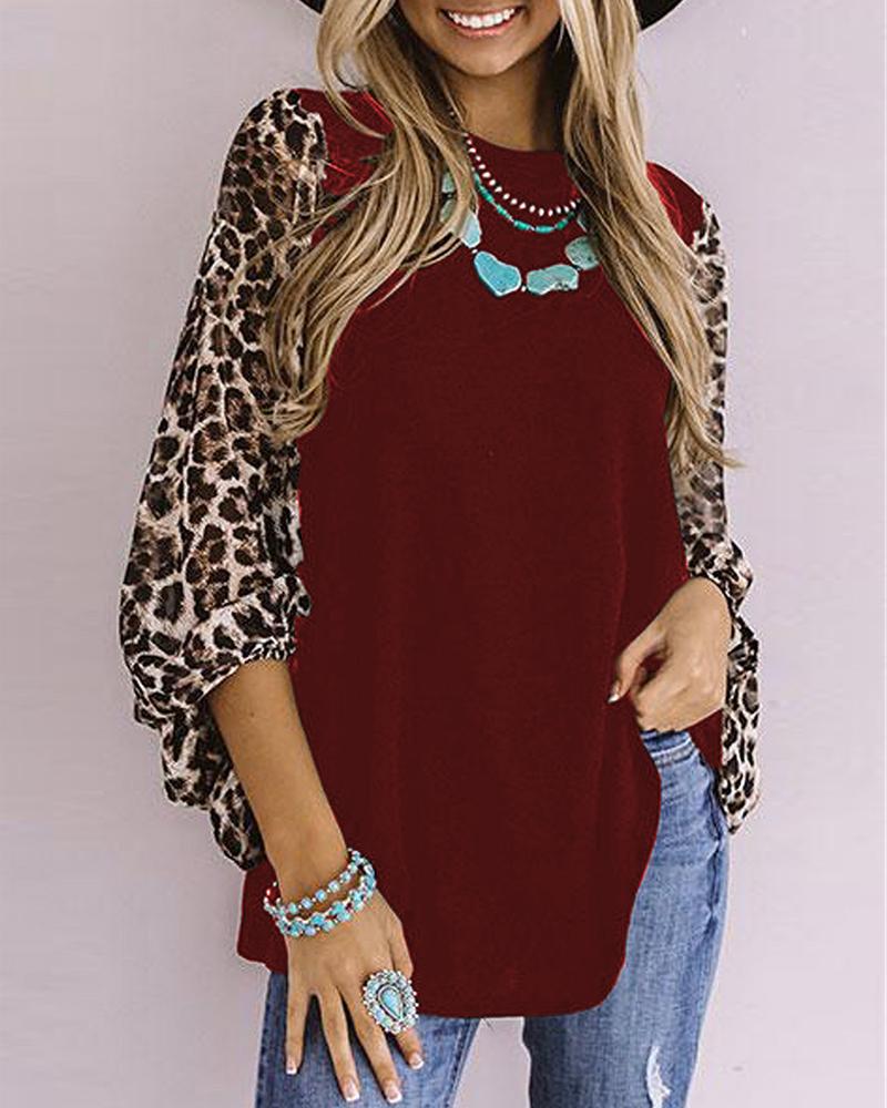 

Cheetah Print Colorblock O Neck Casual T-Shirt, Red
