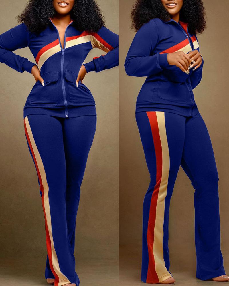 

Contrast Paneled Zip Up Top & Pants Set, Blue