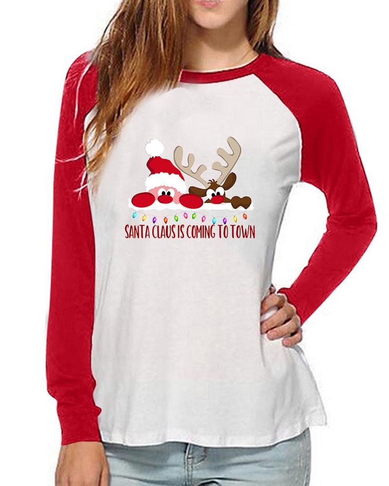 

Christmas Santa Elk Colorblock Letter Print Top, Red