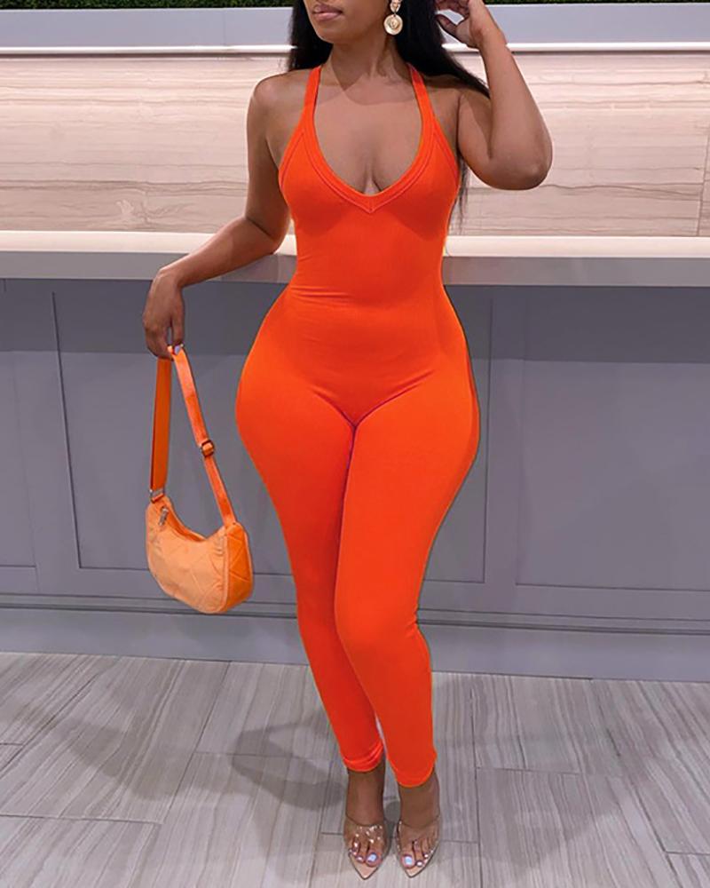 

V Neck Crisscross Backless Skinny Jumpsuit, Orange
