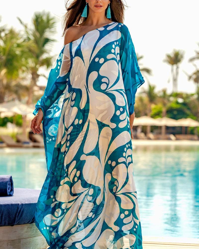 

Allover Print Skew Neck Maxi Dress, Blue