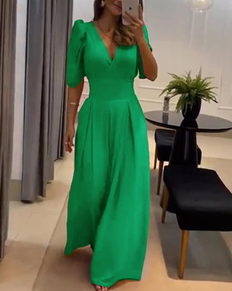

Puff Sleeve Wide Leg Flared Jumpsuit, Green