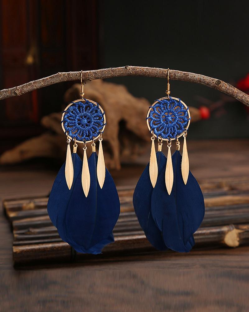 

1Pair Feather Decor Dream Catcher Shaped Drop Earrings, Blue
