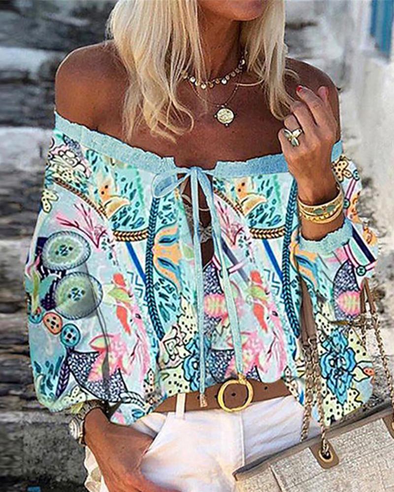 

Off Shoulder Floral / Graphic / Butterfly Print Tie Front Top, Blue