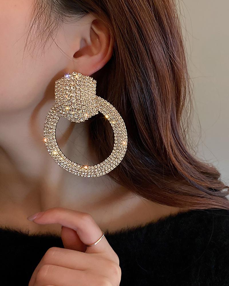 

1Pair Allover Rhinestone Hoop Earrings, Gold