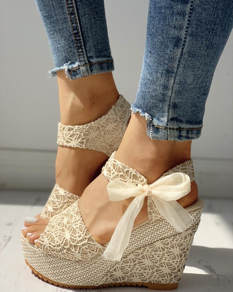 

Bowknot Design Platform Espadrille Wedge Sandals, Gold