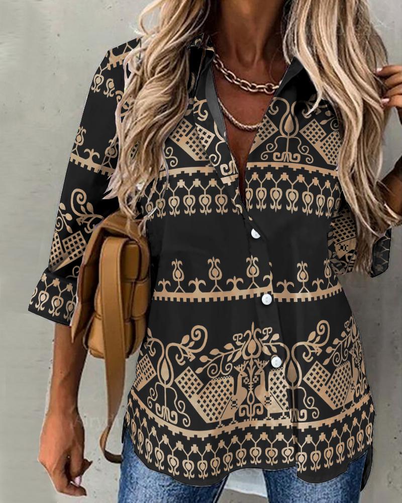 

Tribal Print Long Sleeve Button Down Shirt, Black