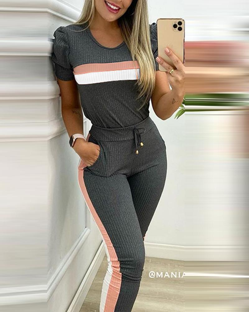 

Striped Print Puff Sleeve Top & Pants Set, Gray