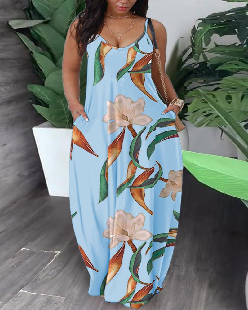 

Plus Size Tropical Print Pocket Design Wide Leg Jumpsuit, Blue