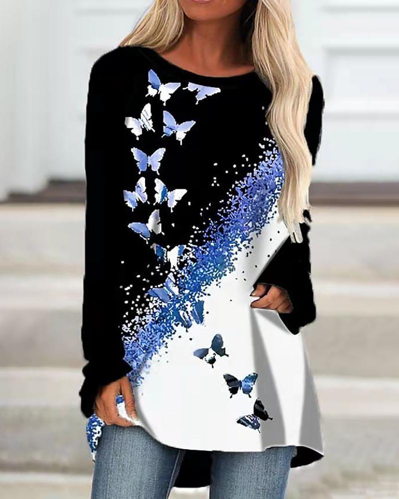 

Long Sleeve Butterfly Print Colorblock Top, Blue