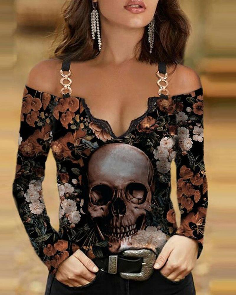 

Halloween Skull Floral Print Cold Shoulder Chain Strap Long Sleeve Top, Brown