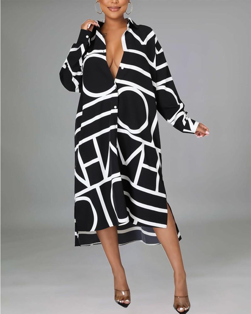 

Letter Striped Print Button Down Shirt Dress, Black