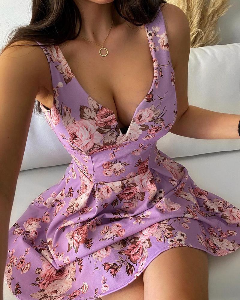 

Thick Strap V Cut Floral Print Mini Dress, Purple