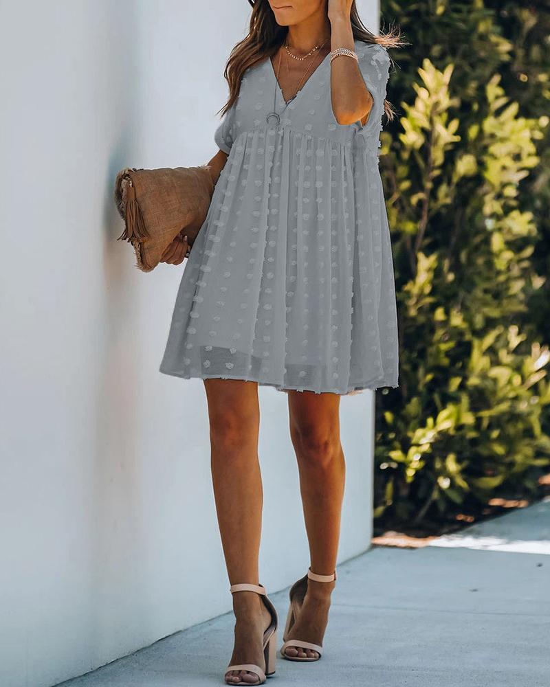 

V-Neck Swiss Dot Chiffon Flowy Swing Dress, Gray