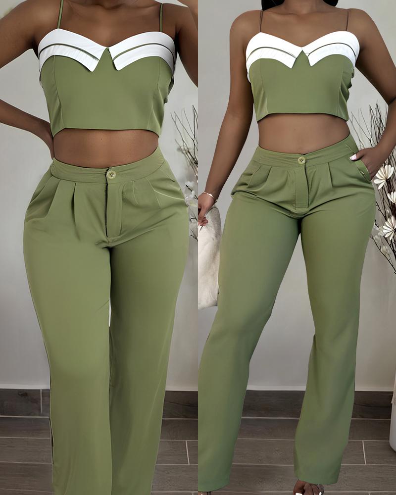 

Crop Cami Top & Ruched Pocket Design Pants Set, Green