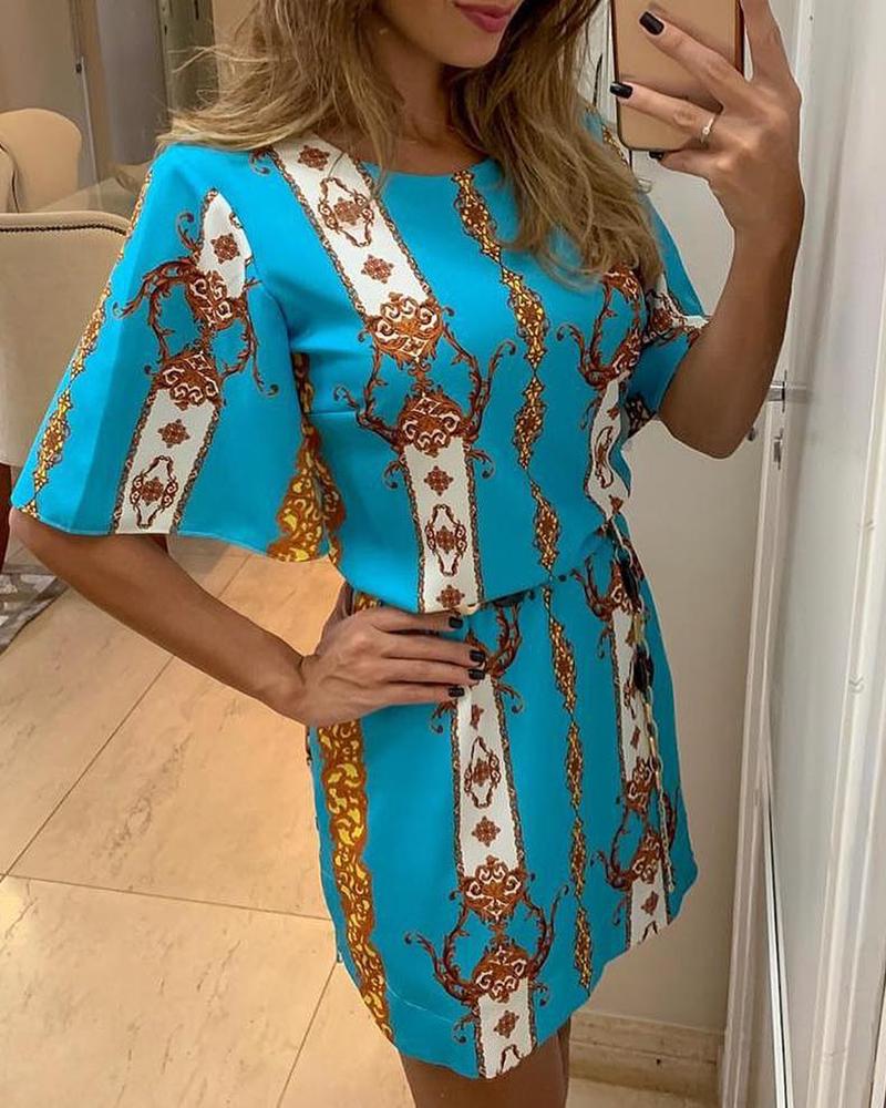 

Short Sleeve Totem Print Bodycon Women Dress, Blue