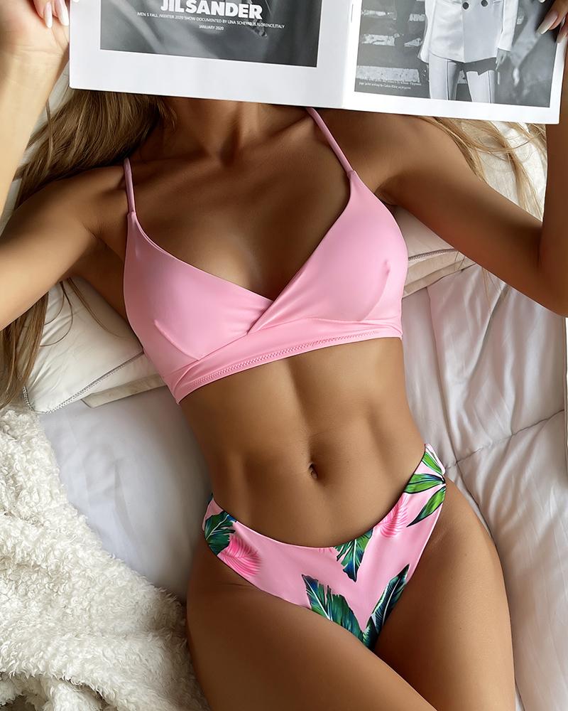 

Lace-up Sleeveless Palm Leaf Print Bikini Set, Pink