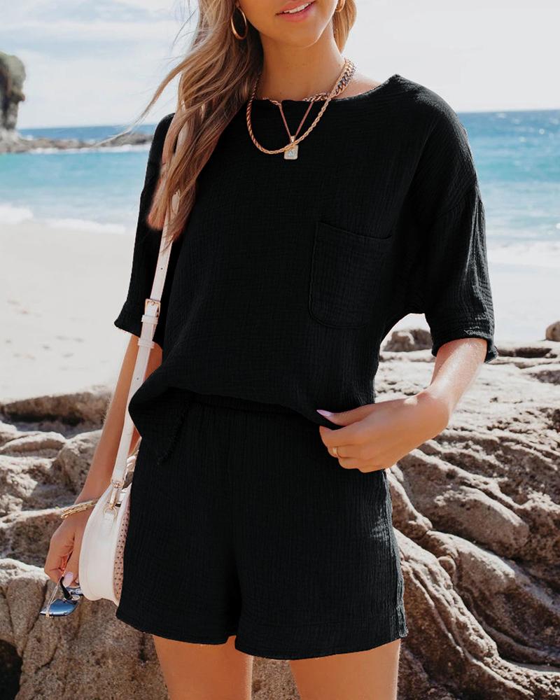 

Pocket Design Half Sleeve Slit Top & Shorts Set, Black