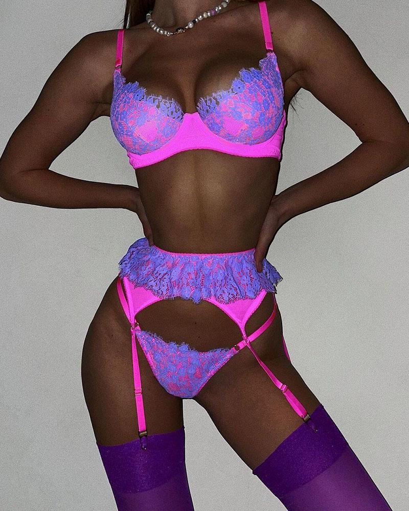 

Contrast Lace Garter Lingerie Set, Multicolor