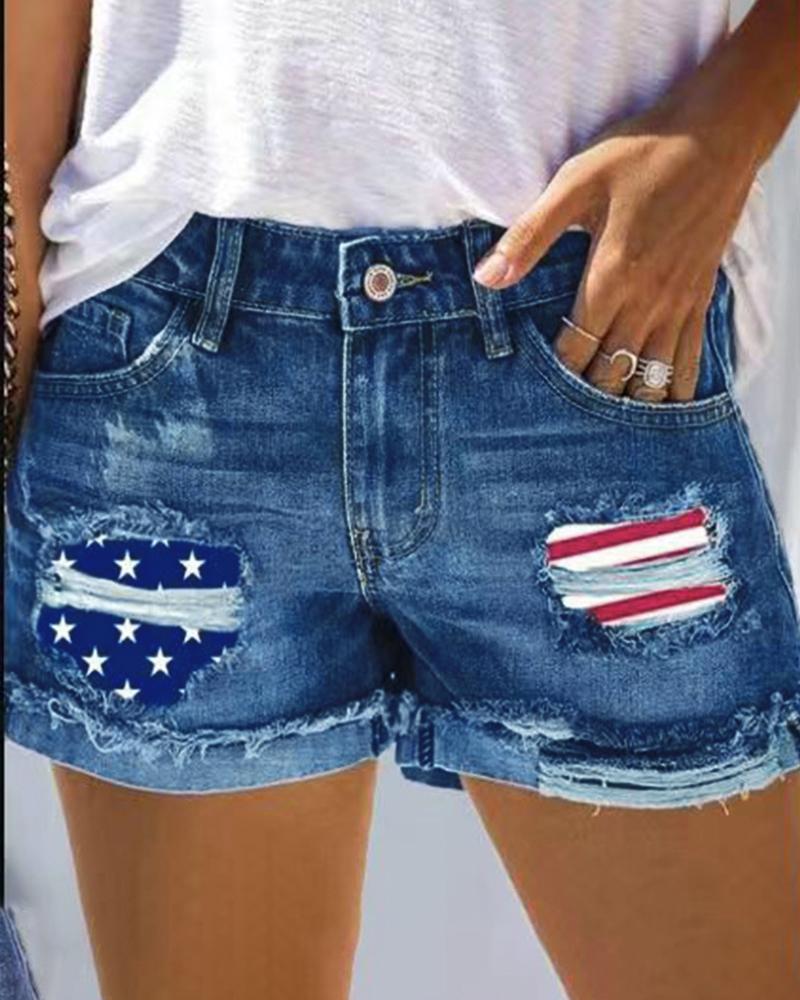 

Independence Day Flag Print Patchwork Fringe Hem Denim Shorts, Blue