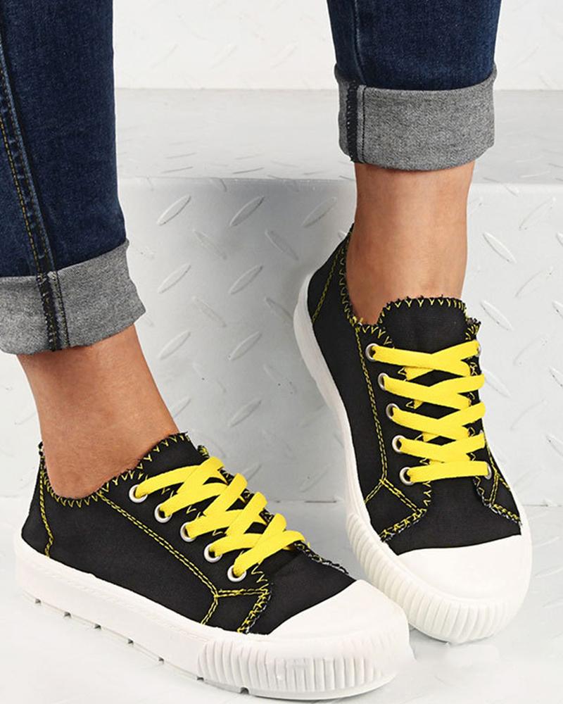 

Womens Contrast Color Laces Round Toe Canvas Casual Shoes, Yellow