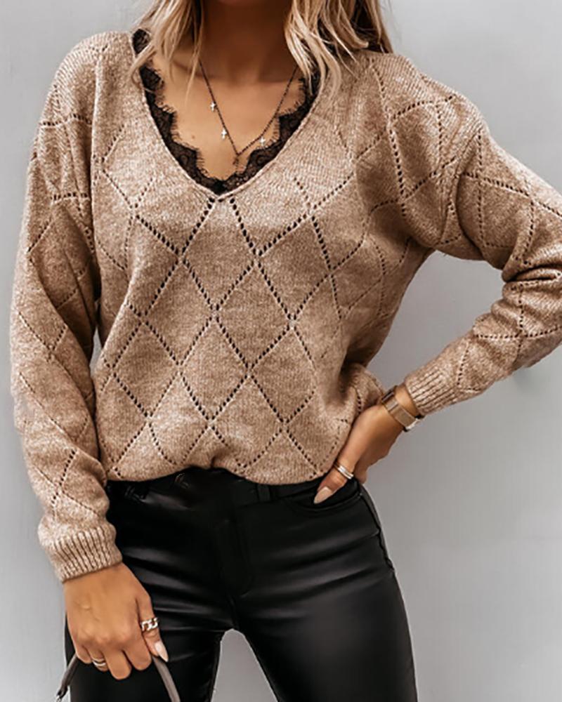 

Lace Trim Hollow-out Long Sleeve Knit Sweater, Khaki