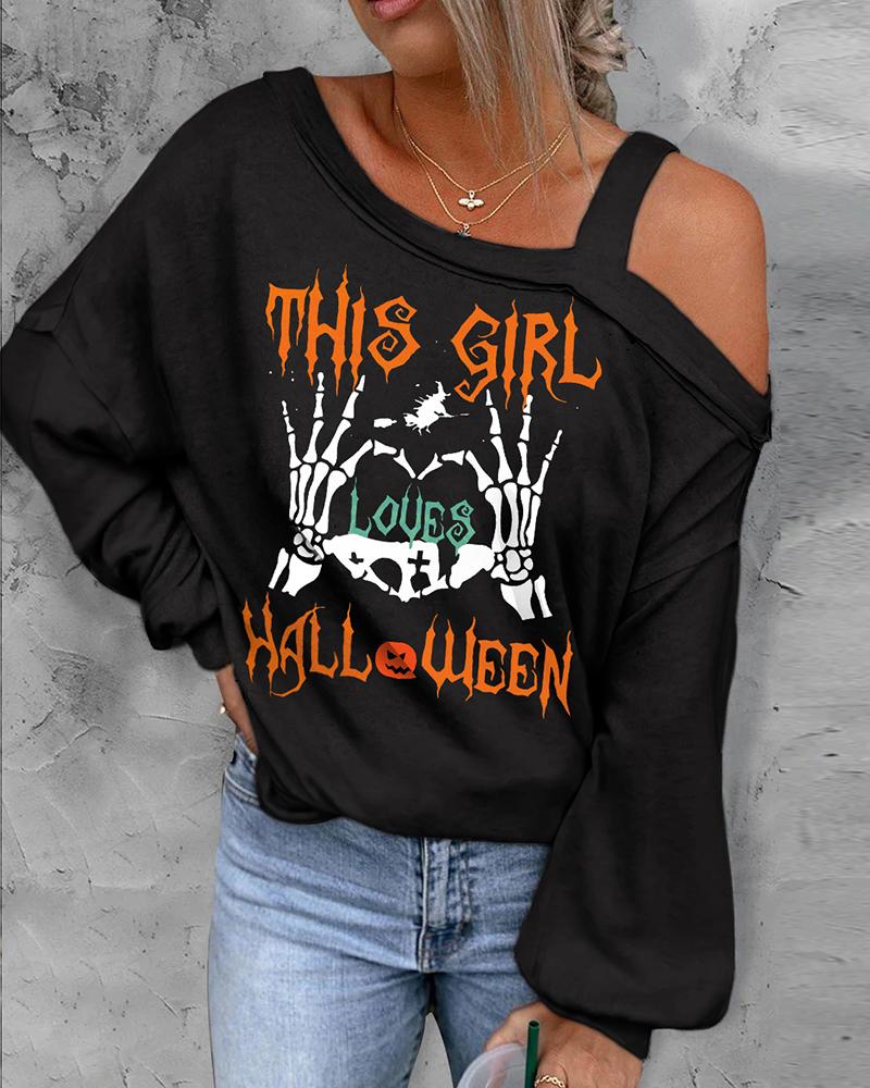 

Halloween Graphic Print Cold Shoulder Top, Black