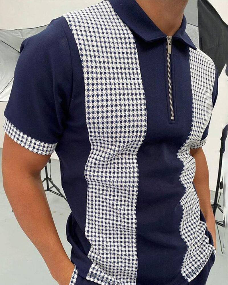 

Colorblock Zip-up Polo Shirts, Blue