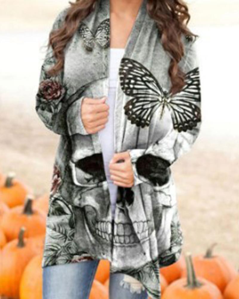 

Halloween Butterfly Skull Floral Tie Dye Print Cardigan, Gray