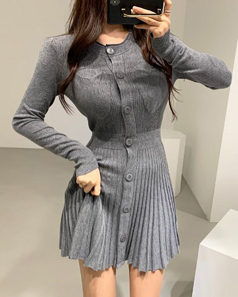

Knit Long Sleeve Casual Buttoned Dress, Gray