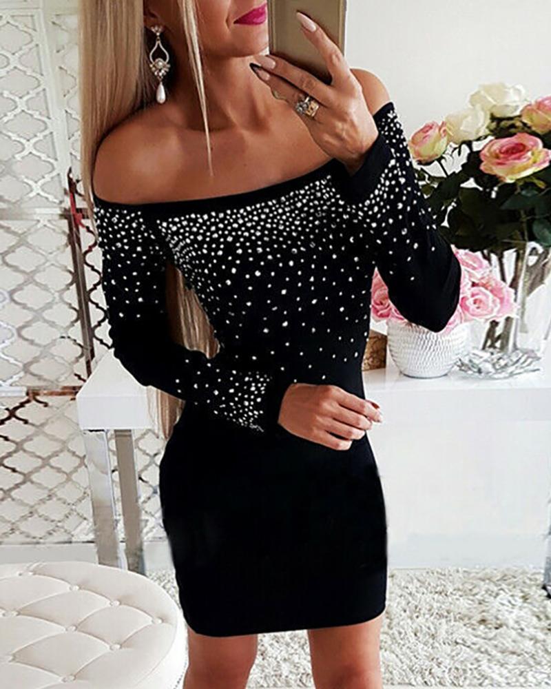 

Solid Studded Design Off Shoulder Bodycon Dress, Black