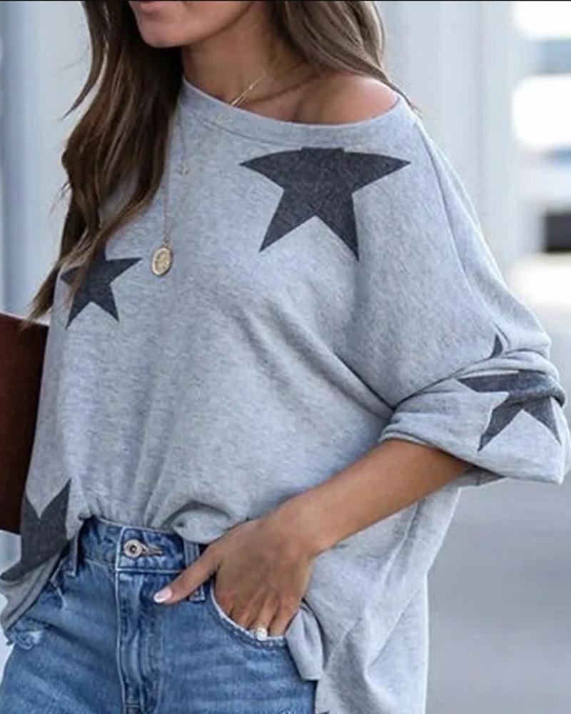 

Star Print Long Sleeve Casual Top, Gray