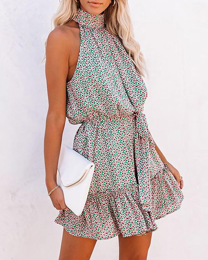 

Sleeveless Halter Ruffles Ditsy Floral Pattern Print Dress, Green