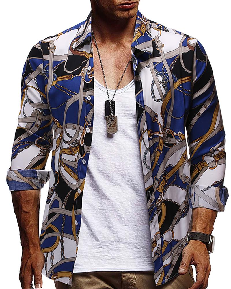 

Men Scarf Print Buttoned Shirt, Blue