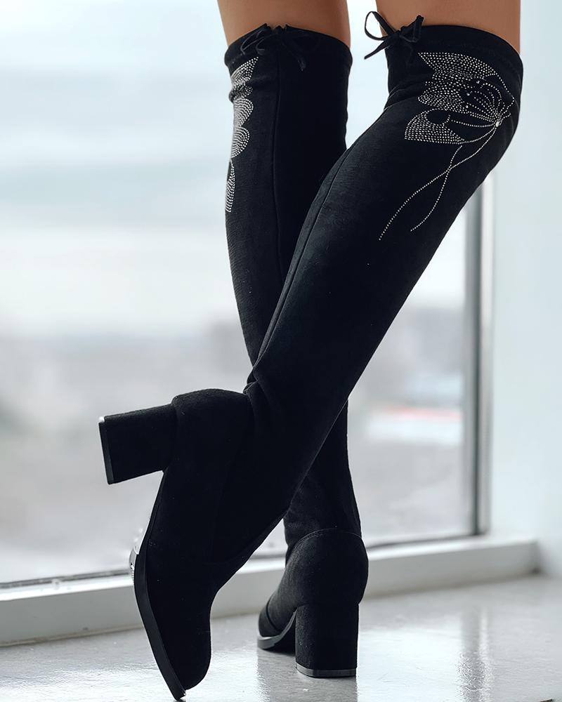 

Rhinestone Side Butterfly Pattern Boots, Black