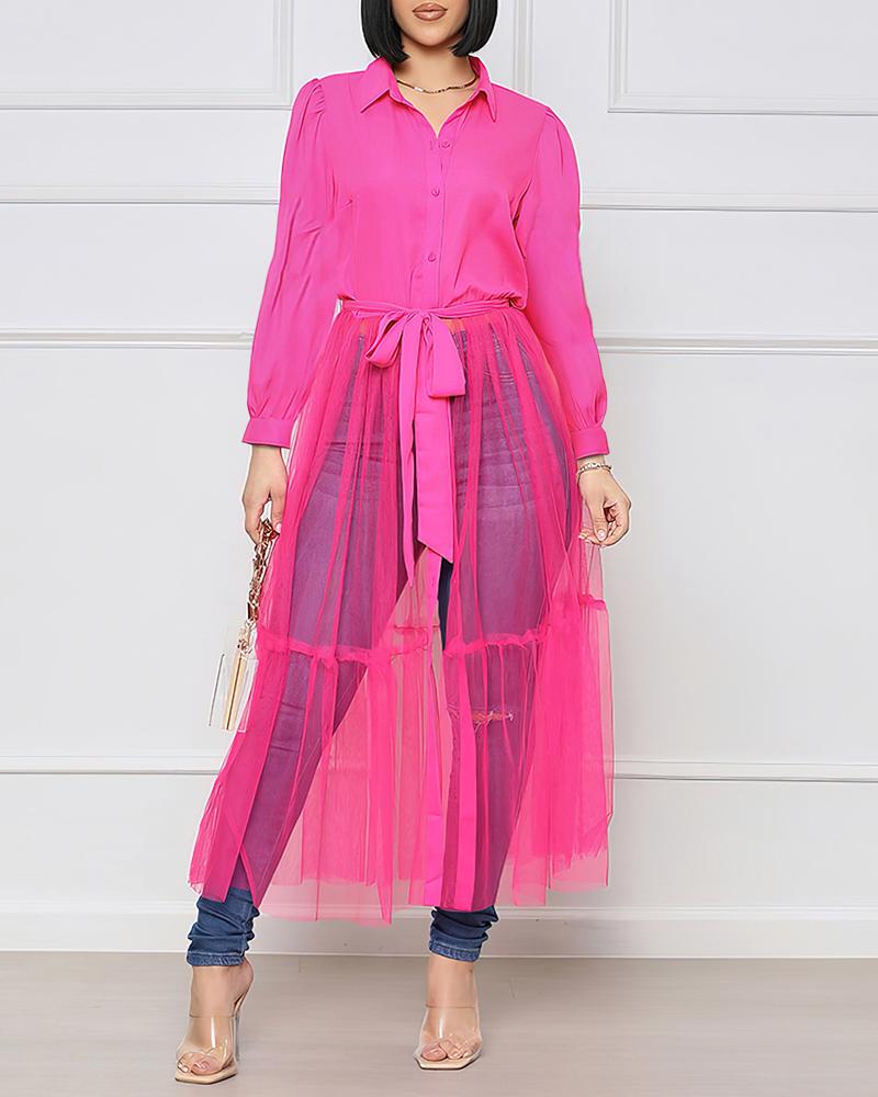 

Long Sleeve Button Front Sheer Mesh Shirt Dress, Pink
