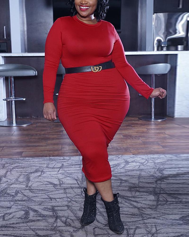 

Plus Size Plain Long Sleeve Bodycon Dress, Red