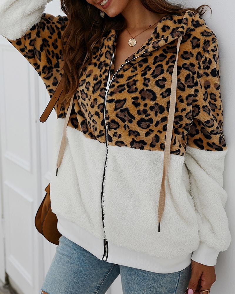 

Cheetah Print Colorblock Fluffy Hooded Coat, White