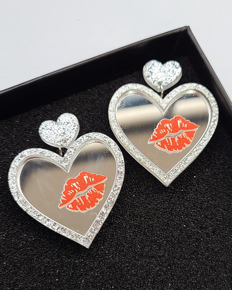 

1Pair Valentine's Day Heart Lip Mirror Drop Earrings, Red