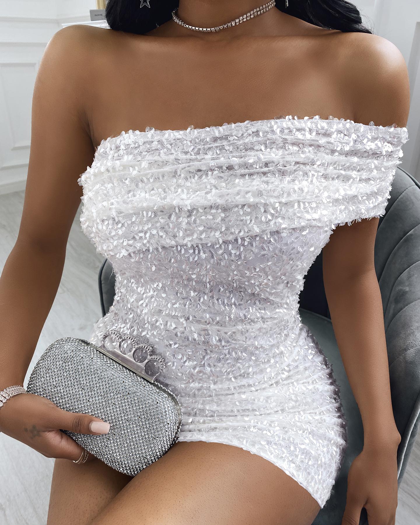 

One Shoulder Sequins Bodycon Women Dress, White