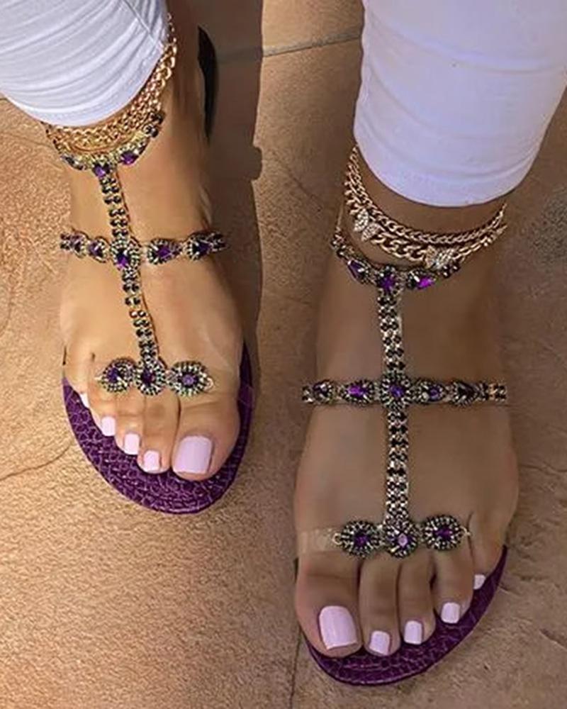 

Bohemian Rhinestone Slingback Clear Strap Beach Sandals, Purple
