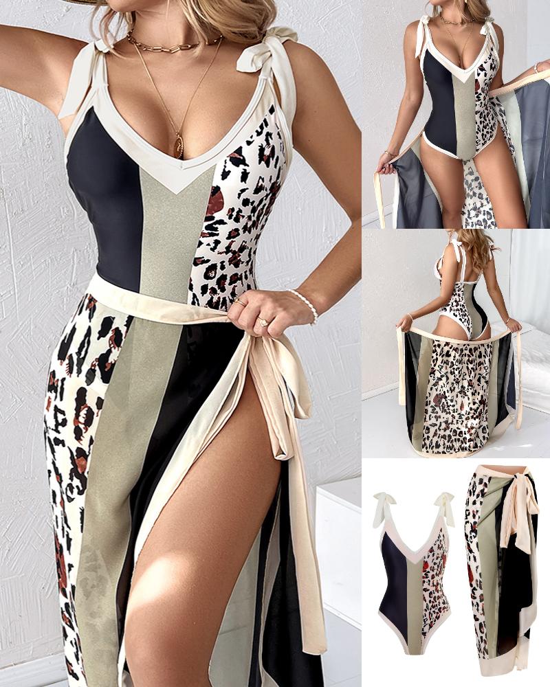 

Colorblock Leopard Print One-Piece Swimsuit With Cover Up