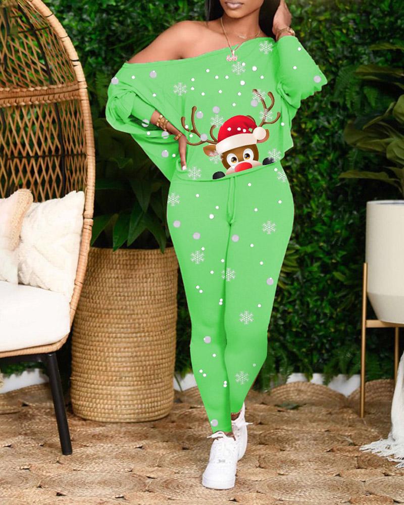 

Christmas Snowflake Elk Print Long Sleeve Top & Pants Set, Green