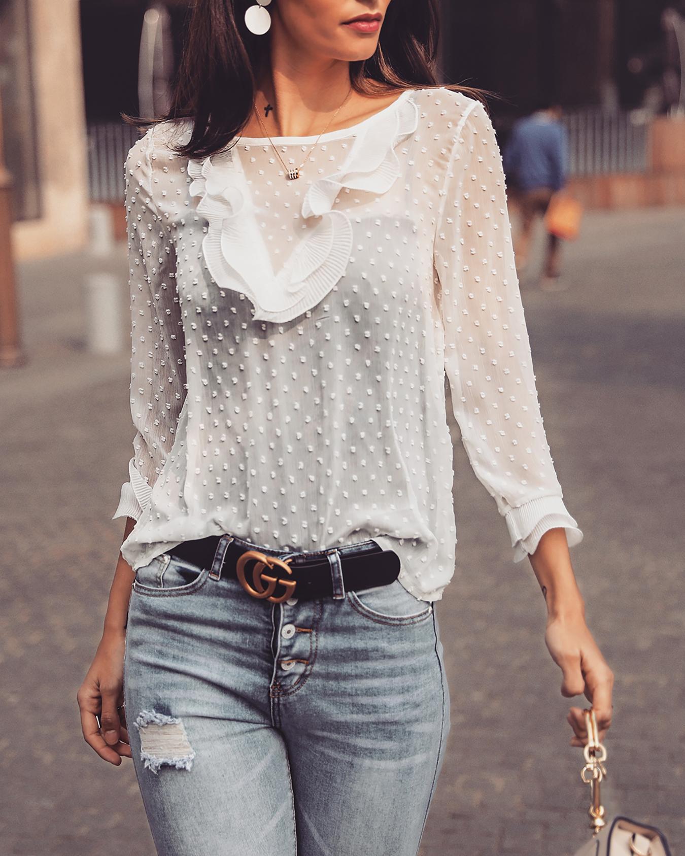 

Dots Layered Ruffles Keyhole Back Blouse, White