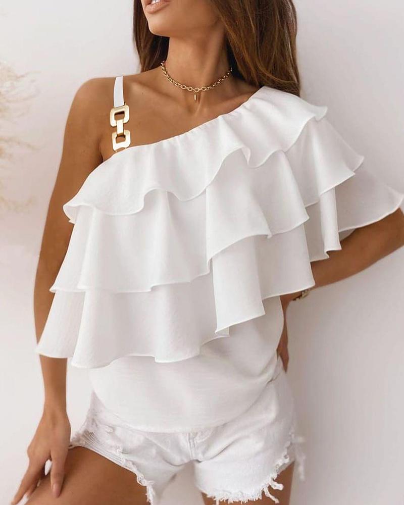 

Layered Ruffles One Shoulder Chain Strap Top, White