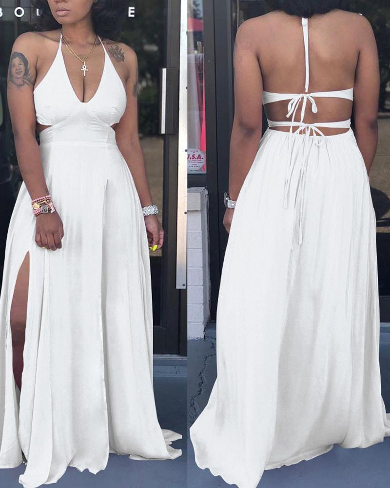 

Halter Backless High Slit Maxi Dress, White