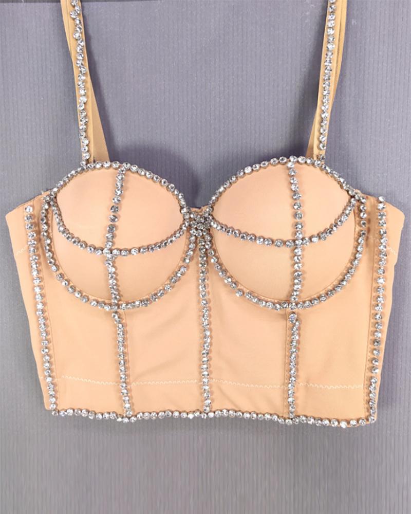 

Rhinestone Decor Spaghetti Strap Corset Crop Top, Nude