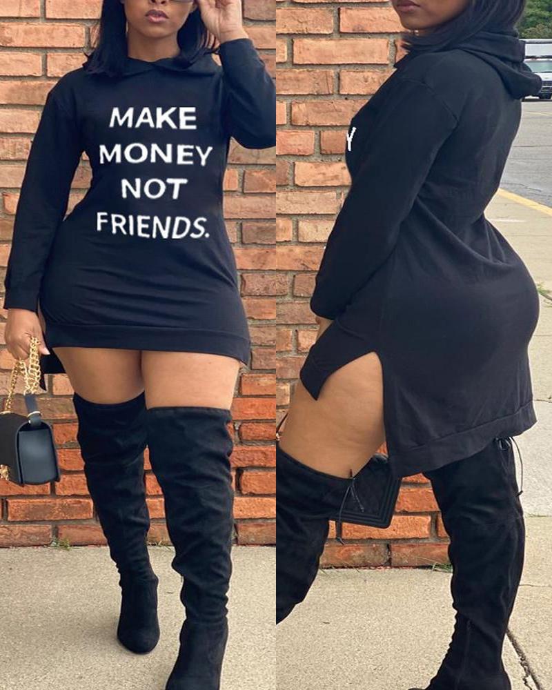 

Make Money Not Friends Print Hooded Sweatshirt Dress, Black