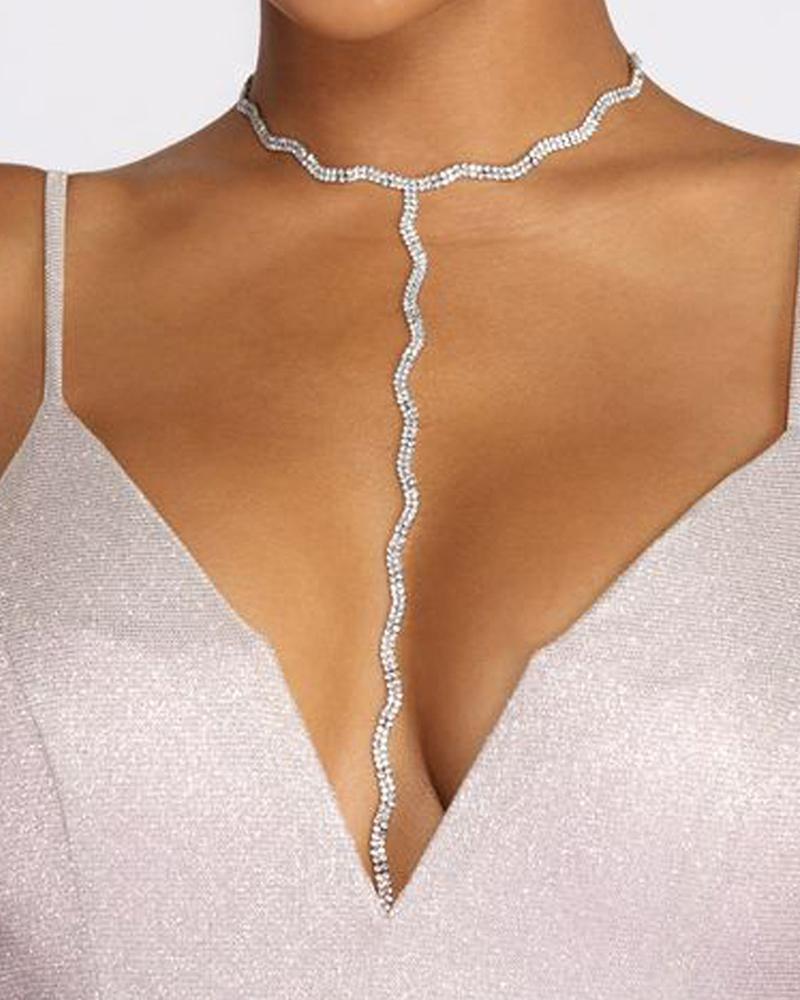 

Wave Shaped Rhinestone Decor Body Chain, Silver