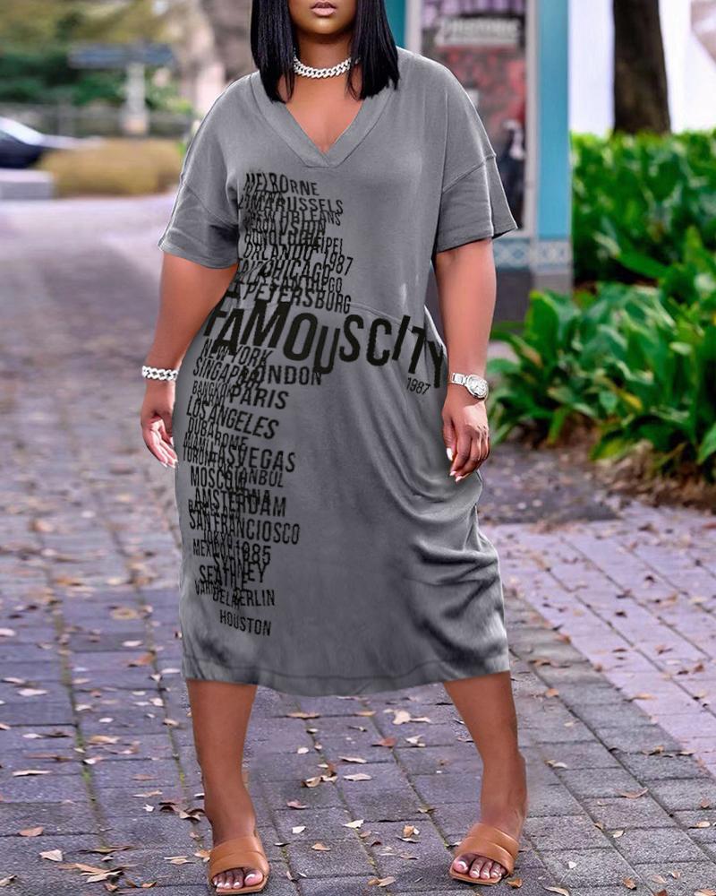 

Letter Print V-Neck Short Sleeve Casual Dress, Gray